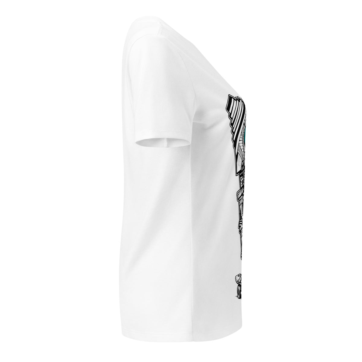Opposite side view of the white Master Prodigy V-neck tee showing part of the graphic.