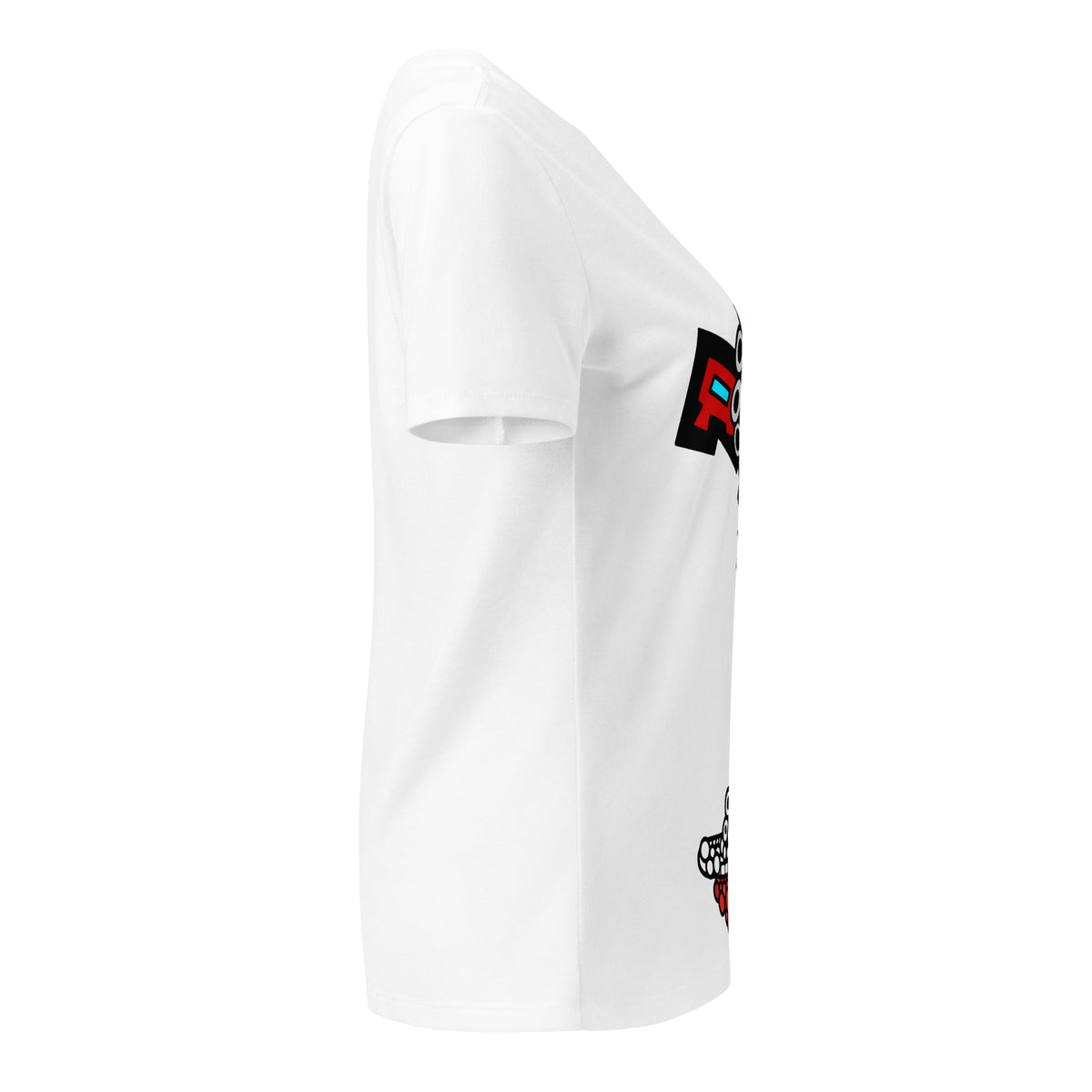 Opposite side view of the white Orbital Flow V-neck tee showing part of the graphic.