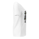 Opposite side view of the white Trivolt V-neck tee showing part of the graphic.