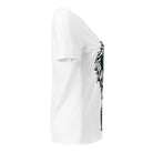 Opposite side view of the white Master Root V-neck tee showing part of the abstract graphic.